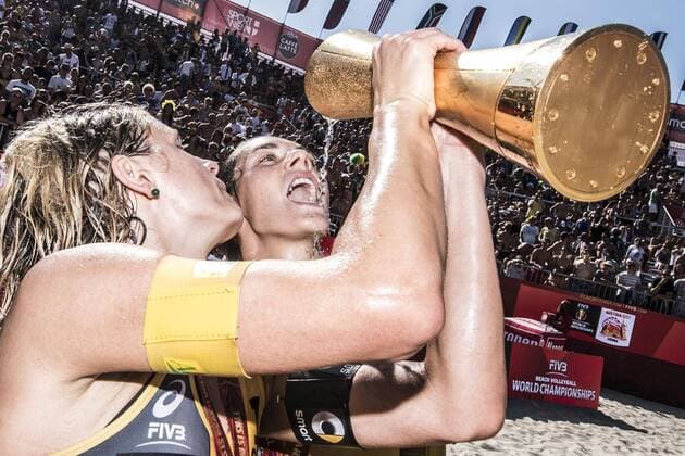 VIENNA, AUSTRIA - AUGUST 05: Laura Ludwig and Kira Walkenhorst of Germany celebrate after winning the gold medal match during Day 9 of the FIVB Beach volleyball Beachvolleyball World Championships 2017 on August 5, 2017 in Vienna, Austria. (Photo by Malte Christians Hoch Zwei) Vienna Austria xHOCHxZWEI MaltexChristiansx