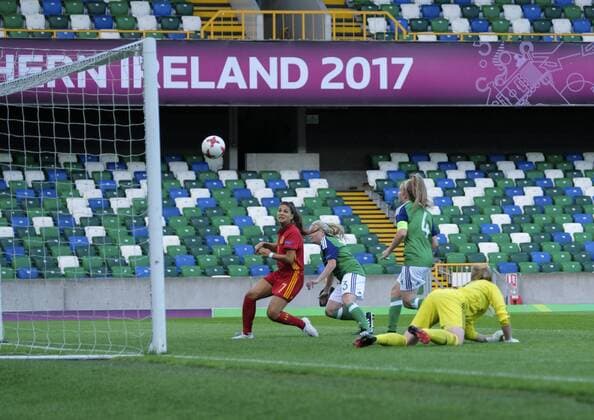 August 8th 2017, Windsor Park, Belfast, Northern Ireland; Womens Under 19s European Championship EM Europameisterschaft Finals; Northern Ireland versus Spain; Laura Maria Perez of Spain misses an open goal xNigelxCookex  ActionPlus11913080