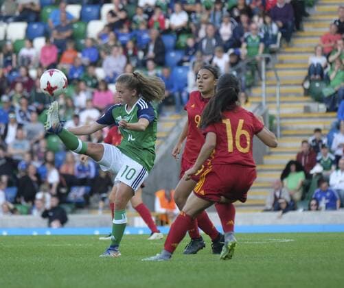 August 8th 2017, Windsor Park, Belfast, Northern Ireland; Womens Under 19s European Championship EM Europameisterschaft Finals; Northern Ireland versus Spain; Megan Reilly of Northern Ireland clears the ball under pressure xNigelxCookex  ActionPlus11913082