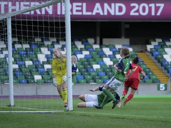 August 8th 2017, Windsor Park, Belfast, Northern Ireland; Womens Under 19s European Championship EM Europameisterschaft Finals; Northern Ireland versus Spain; Lucia Garcia of Spain wheels away after scoring the opening goal xNigelxCookex  ActionPlus11913085
