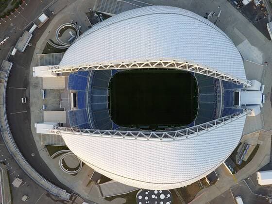 SOCHI, RUSSIA - AUGUST 8, 2017: An aerial view of the Fisht Stadium in the Sochi Olympic Park. The stadium to host FIFA 2018 World Cup matches. Artyom Korotayev TASS  TS05AB2E