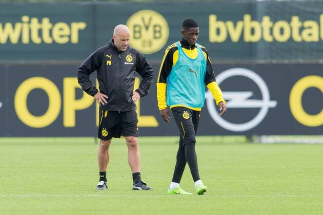 Dortmund, Germany, 2017-08-09, Training BV Borussia Dortmund, BVB, Trainer Peter Bosz (BVB) und Ousmane Dembele (BVB) ( DeFodi001
