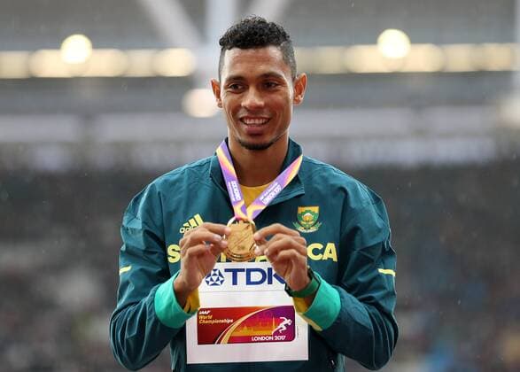 August 9th 2017, London Stadium, East London, England; IAAF World Championships, Day 6; Wayde Van Niekerk of South Africa poses with the Gold medal and World Champion of the Men& x2019;s 400 metres during the medal ceremony xJohnxPatrickxFletcherx  ActionPlus11913727
