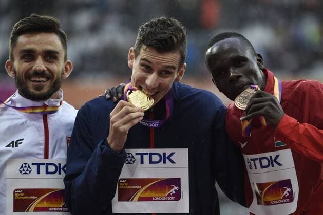 LONDON , UNITED KINGDOM - AUGUST 9 : Pierre Ambroise Bosse of France pictured with his gold medal during podium ceremony 800 final at the16th IAAF World Athletics championships from august 4 till 13, 2017 in London ,United Kingdom, 09 08 2017 ATHLETISME : Championnats du Monde - Londres - 09 08 2017 PhotoNews Panoramic  775015799