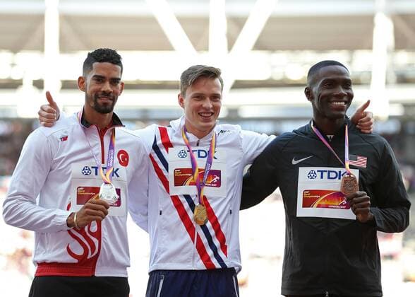 August 10th 2017, London Stadium, East London, England; IAAF World Championships, Day 7; Karsten Warholm of Norway with the gold medal, Yasmani Copello of Turkey with the Silver medal and Kerron Clement of USA with the Bonze medal all pose during the medal ceremony xJohnxPatrickxFletcherx  ActionPlus11914325