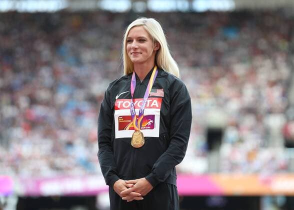 August 12th 2017, London Stadium, East London, England; IAAF World Championships, Day 9; Emma Coburn of the USA with the Gold Medal for the 3000 metres Steeplechase during the medal ceremony xJohnxPatrickxFletcherx  ActionPlus11915493