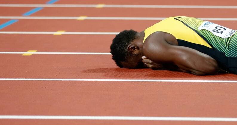 (170813) -- LONDON, Aug. 13, 2017 -- Usain Bolt of Jamaica reacts after Men s 4x100m Relay Final on Day 9 of the 2017 IAAF World Championships at London Stadium in London, Britain, on Aug. 12, 2017. ) (SP)BRITAIN-LONDON-ATHLETICS-IAAF-WORLD CHAMPIONSHIPS-DAY 9 WangxLili 