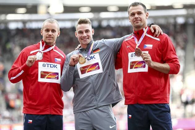 IAAF World Championships vom 04.-13.08.2017; London, 13.08.2017 Johannes Vetter (GER, Gold) am 13.08.2017 im London Stadium waehrend der IAAF World Championships vom 04.-13.08.2017 in London (Great Britain). Links Jakub Vadlejch (CZE, Silber), rechts Petr Frydrych (CZE, Bronze). xakx