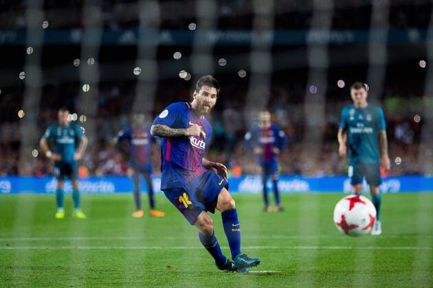 August 13th 2017, Nou Camp, Barcelona, Spain; Spanish Football Supercopa 1st Leg FC Barcelona Barca versus Real Madrid; Leo Messi from Argentina of FC Barcelona scores the goal from the penalty spot to equalise at 1-1 xActionxPlusx  ActionPlus11916241