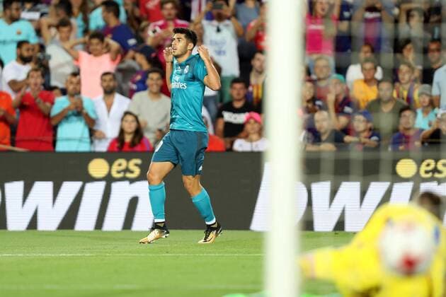 August 13, 2017 - Barcelona, Spain - Marco Asensio of Real Madrid celebrates after scoring his side s third goal during the Spanish Super Cup football match between FC Barcelona Barca and Real Madrid on August 13, 2017 at Camp Nou stadium in Barcelona, Spain. Football - Spanish Super Cup - FC Barcelona vs Real Madrid.  - ZUMAb169 20170813_zaa_b169_037 Copyright: xManuelxBlondeau Aop.Pressx
