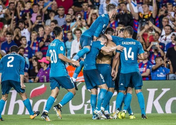 August 13, 2017 - Barcelona, Catalonia, Spain - Real Madrid forward RONALDO celebrates scoring a goal with teammates during the Spanish Super Cup Final 1st leg against the FC Barcelona Barca at the Camp Nou stadium in Barcelona. FC Barcelona 1:3 Real Madrid - Spanish Super Cup 2017 - ZUMAo105 20170813_zap_o105_051 Copyright: xMatthiasxOesterlex