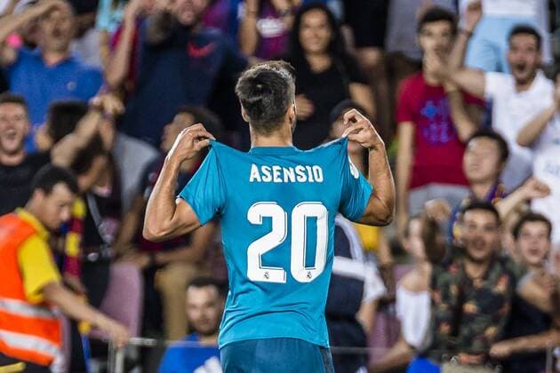 August 13, 2017 - Barcelona, Catalonia, Spain - Real Madrid midfielder ASENSIO celebrates his goal during the Spanish Super Cup Final 1st leg between FC Barcelona Barca and Real Madrid at the Camp Nou stadium in Barcelona FC Barcelona 1:3 Real Madrid - Spanish Super Cup 2017 - ZUMAo105 20170813_zap_o105_066 Copyright: xMatthiasxOesterlex