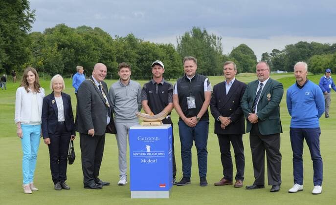 August 13th 2017, Galgorm Castle Golf Club, Galgorm, Northern Ireland; Northern Ireland Open, 4th Round, The Sunday Shootout; Robin Sciot-Siegrist (FRA) stands with the VIP guests after receiving the NI Open trophy xNigelxCookex  ActionPlus11916354