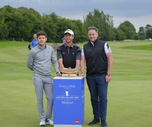 August 13th 2017, Galgorm Castle Golf Club, Galgorm, Northern Ireland; Northern Ireland Open, 4th Round, The Sunday Shootout; Robin Sciot-Siegrist (FRA) stands with Mark McDonnell and Niall Horan xNigelxCookex  ActionPlus11916355