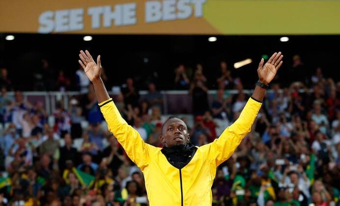 (170814) -- LONDON, Aug. 14, 2017 -- Usain Bolt of Jamaica waves to the spectators on Day 10 of the 2017 IAAF World Championships at London Stadium in London, Britain, on Aug. 13, 2017. ) (SP)BRITAIN-LONDON-ATHLETICS-IAAF-WORLD CHAMPIONSHIPS-DAY 10 WangxLili 