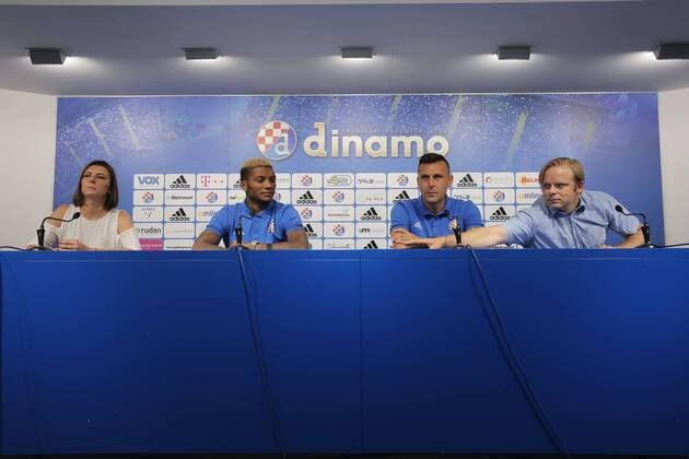 Dinamo Zagreb s press conference PK Pressekonferenz 16.08.2017., Zagreb, Croatia - Dinamo Zagreb s coach Mario Cvitanovic and Junior Fernandes during a press conference day before UEFA Europa League s play-off round against Skenderbeu.  TomislavxMiletic PIXSELL