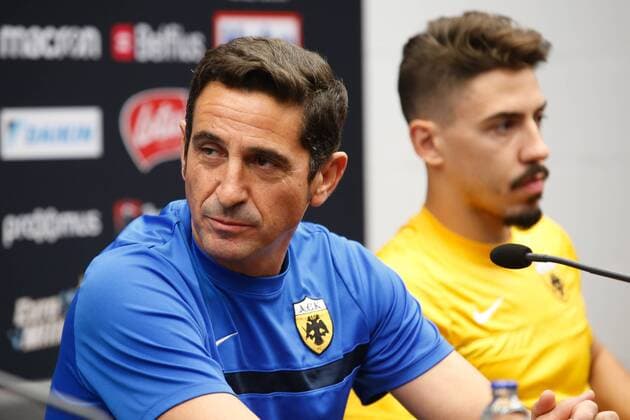 AEK s head coach Manolo Jimenez pictured during a press conference PK Pressekonferenz of Greek soccer club AEK Athens F.C., Wednesday 16 August 2017 in Brugge. The team is preparing for tomorrow s game against Belgian team Club Brugge KSV, the first leg of the first playoff round for the UEFA Europa League competition. BRUNOxFAHY  x05148752x