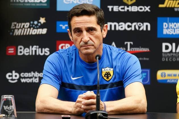 AEK s head coach Manolo Jimenez pictured during a press conference PK Pressekonferenz of Greek soccer club AEK Athens F.C., Wednesday 16 August 2017 in Brugge. The team is preparing for tomorrow s game against Belgian team Club Brugge KSV, the first leg of the first playoff round for the UEFA Europa League competition. BRUNOxFAHY  x05148760x