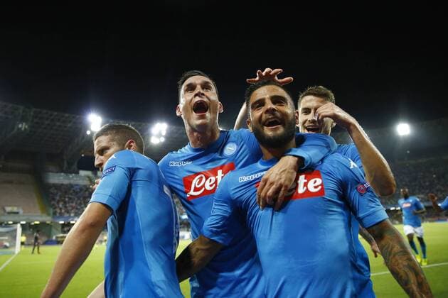 August 16, 2017 - Naples, Campania, Italy - Dries Mertens with Jose Maria Callejon and Lorenzo Insigne of Napoli celebrating after the goal of 1-0 during the UEFA Champions League Play Off first leg football match SSC Napoli vs OCG Nice, on August 16 2017 at the San Paolo Stadium. SSC Napoli v OGC Nice - UEFA Champions League Qualifying Play-Offs Round: First Leg  - ZUMAn230 20170816_zaa_n230_071 Copyright: xMatteoxCiambellix