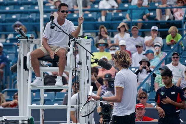 August 16, 2017 - Mason, Ohio, USA - Alexander Zverev (GER) argues a call with ATP Tennis Herren Chair Umpire Damian Steiner during his match at Wednesday s second round of the Western and Southern Open at the Lindner Family Tennis Center, Mason, Oh. Tennis 2017 - Western And Southern Open - Wednesday Second Round - ZUMAs304 20170816_zaf_s304_116 Copyright: xScottxStuartx