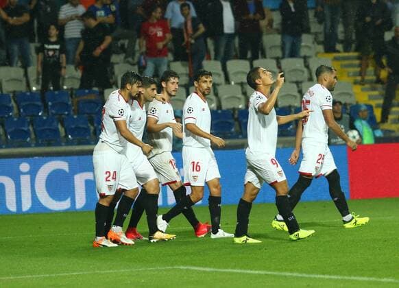 Sevilla players celebrates for Wissam Ben Yedder s goal during the UEFA Champions League Play Off first leg football match Medipol Basaksehir vs FC Sevilla, on August 16 2017 at the Basaksehir Fatih Terim Stadium in Istanbul , Turkey. 