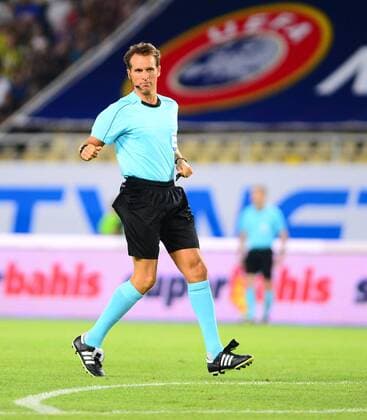 Italian referee Luca Banti during the UEFA Europa League Play off firt leg match between FK Vardar Skopje and Fenerbahce at Nacionalna Arena Filip II Makedonski Stadium in Skopje , Makedonia on August 17 , 2017. 
