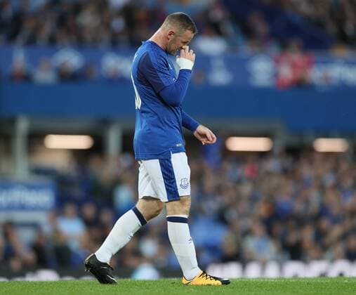 Wayne Rooney of Everton reflects during the Europa League Qualifying Play Offs 1st Leg match at Goodison Park Stadium, Liverpool. Picture date: August 17th 2017. Picture credit should read: David Klein Sportimage EDITORIAL USE ONLY. No use with unauthorised audio, video, data, fixture lists, club league logos or live services. Online in-match use limited to 120 images, no video emulation. No use in betting, games or single club league player publications.