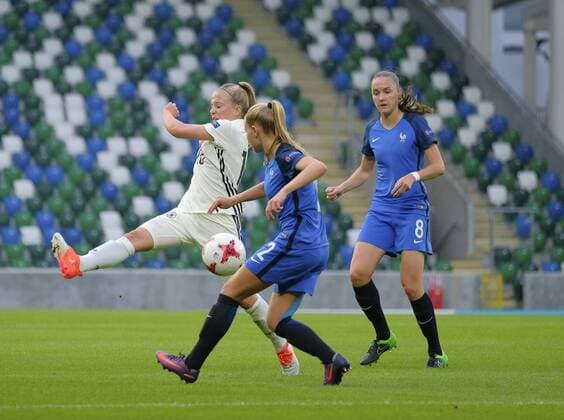 August 17th 2017, Windsor Park, Belfast, Northern Ireland; Womens Under 19s European Championship EM Europameisterschaft Semi Final; Germany Versus France; Luca Maria Graf of Germany closes down the clearance from Pauline Dechilly of France xNigelxCookex  ActionPlus11917569