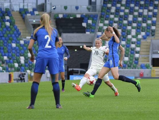 August 17th 2017, Windsor Park, Belfast, Northern Ireland; Womens Under 19s European Championship EM Europameisterschaft Semi Final; Germany Versus France; Luca Maria Graf of Germany closes down Helene Fercocq of France xNigelxCookex  ActionPlus11917570