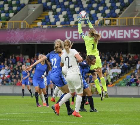 August 17th 2017, Windsor Park, Belfast, Northern Ireland; Womens Under 19s European Championship EM Europameisterschaft Semi Final; Germany Versus France; Mylene Chavas of France catches the ball under pressure from the German attackers xNigelxCookex  ActionPlus11917571