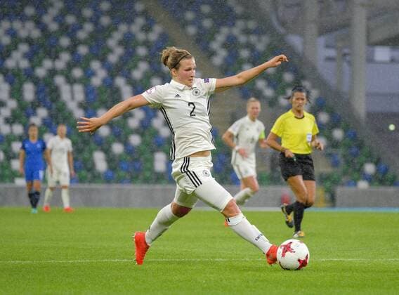 August 17th 2017, Windsor Park, Belfast, Northern Ireland; Womens Under 19s European Championship EM Europameisterschaft Semi Final; Germany Versus France; Dina Orschmann of Germany brings the fall forward on another attack xNigelxCookex  ActionPlus11917572