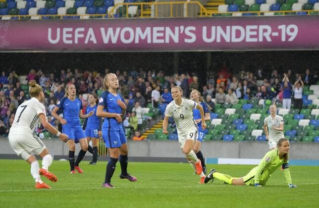 August 17th 2017, Windsor Park, Belfast, Northern Ireland; Womens Under 19s European Championship EM Europameisterschaft Semi Final; Germany Versus France; Klara Buhl of Germany wheels away after scoring the first goal of the night xNigelxCookex  ActionPlus11917573