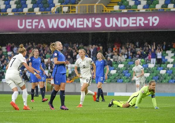 August 17th 2017, Windsor Park, Belfast, Northern Ireland; Womens Under 19s European Championship EM Europameisterschaft Semi Final; Germany Versus France; Klara Buhl of Germany is all smiles after scoring the first goal of the night xNigelxCookex  ActionPlus11917574