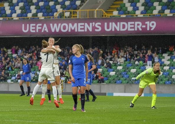 August 17th 2017, Windsor Park, Belfast, Northern Ireland; Womens Under 19s European Championship EM Europameisterschaft Semi Final; Germany Versus France; Klara Buhl of Germany celebrates with Giulia Gwinn after putting her side in front 1-0 xNigelxCookex  ActionPlus11917575
