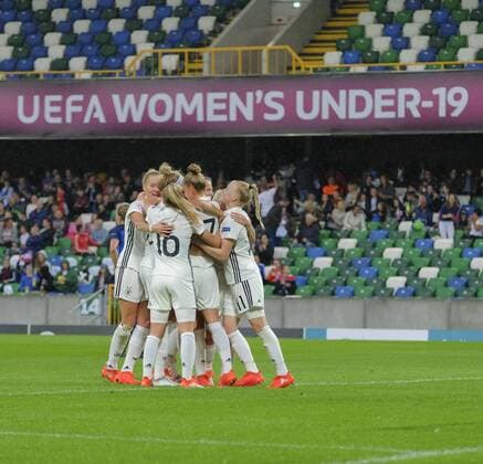 August 17th 2017, Windsor Park, Belfast, Northern Ireland; Womens Under 19s European Championship EM Europameisterschaft Semi Final; Germany Versus France; The German players celebrate their opening goal xNigelxCookex  ActionPlus11917576
