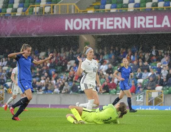 August 17th 2017, Windsor Park, Belfast, Northern Ireland; Womens Under 19s European Championship EM Europameisterschaft Semi Final; Germany Versus France; Mylene Chavas of France saves at the feet of Laura Freigang of Germany xNigelxCookex  ActionPlus11917578