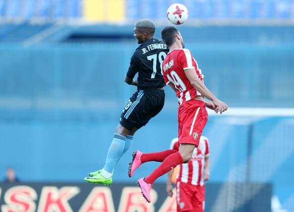 The first match of the playoffs to enter the UEFA Europa League, GNK Dinamo - KF Skenderbeu 17.08.2017., Croatia, Maksimir Stadium, Zagreb - The first match of the playoffs to enter the UEFA Europa League, GNK Dinamo - KF Skenderbeu. Junior Fernandes, Tefik Osmani.  DaliborxUrukalovic PIXSELL