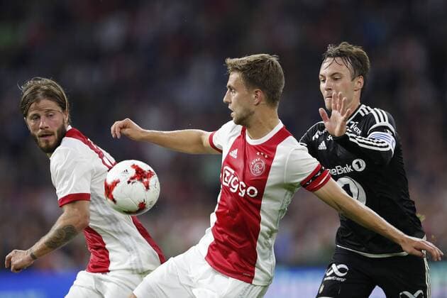 (L-R) Lasse Schone of Ajax, Joel Veltman of Ajax, Mike Lindemann Jensen of Rosenborg BK during the UEFA Europa League fourth round qualifying first leg match between Ajax Amsterdam and RosenBorg BK at the Amsterdam Arena on August 17, 2017 in Amsterdam, The Netherlands Ajax v Rosenborg BK UEFA Europa League 2017 2018 xVIxVIxImagesx xMauricexvanxSteenxIVx 8494498