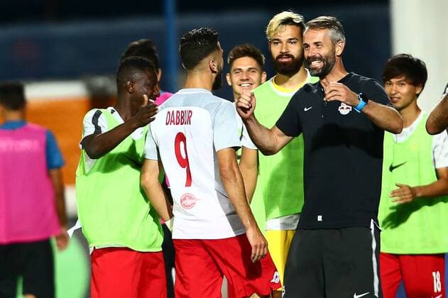 SOCCER - EL quali, Viitorul vs RBS CONSTANTA,ROMANIA,17.AUG.17 - SOCCER - UEFA Europa League qualification, Viitorul Constanta vs Red Bull Salzburg. Image shows the rejoicing of Munas Dabbur and head coach Marco Rose (RBS). GEPAxpictures xFelixxRoittner