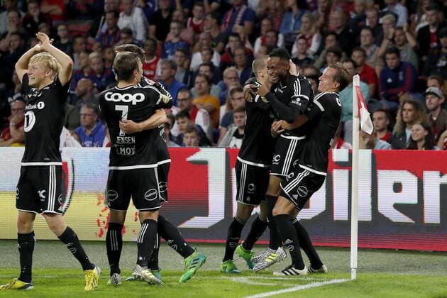 AMSTERDAM, Stadion Arena , 17-08-2017 . Voorronde Europa League seizoen 2017 2018 . Ajax - Rosenborg BK . Rosenborg-speler Adenyi Adegbenro Samuel scoort en viert de 0-1 Ajax - Rosenborg  x1673697x