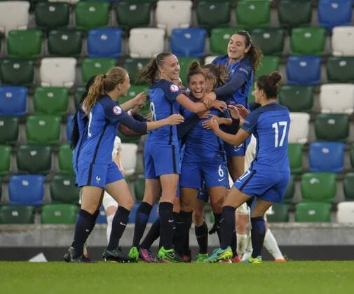 August 17th 2017, Windsor Park, Belfast, Northern Ireland; Womens Under 19s European Championship EM Europameisterschaft Semi Final; Germany Versus France; Julie Thibaud of France celebrates her equalising goal xNigelxCookex  ActionPlus11917620