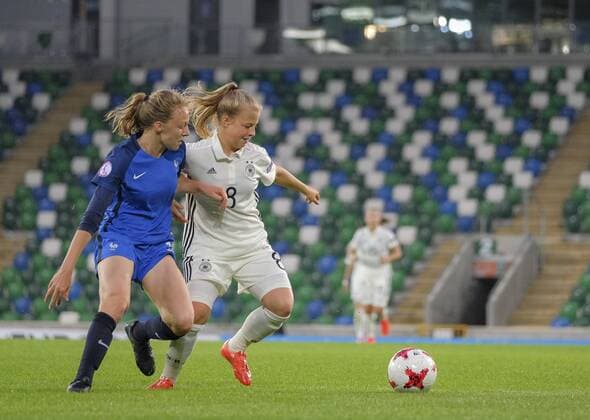 August 17th 2017, Windsor Park, Belfast, Northern Ireland; Womens Under 19s European Championship EM Europameisterschaft Semi Final; Germany Versus France; Kristin Kogel of Germany battles for the ball xNigelxCookex  ActionPlus11917636
