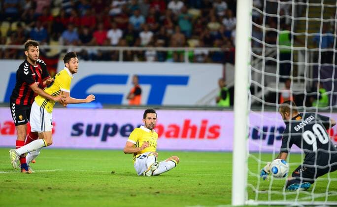 Ahmethan Kose and Hasan Ali Kaldirim of Fenerbahce during the UEFA Europa League Play off firt leg match between FK Vardar Skopje and Fenerbahce at Nacionalna Arena Filip II Makedonski Stadium in Skopje , Makedonia on August 17 , 2017. Final Scores : Vardar Skopje 2 - Fenerbahce 0 