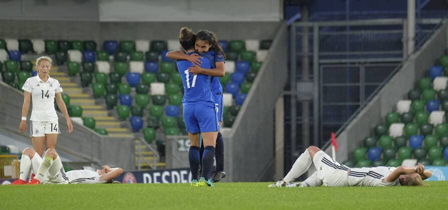 August 17th 2017, Windsor Park, Belfast, Northern Ireland; Womens Under 19s European Championship EM Europameisterschaft Semi Final; Germany Versus France; The French players celebrate victory at the final whistle as the German players lay on the ground xNigelxCookex  ActionPlus11917626