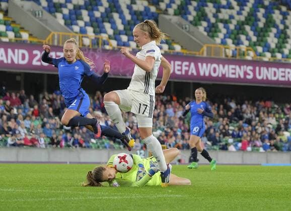 August 17th 2017, Windsor Park, Belfast, Northern Ireland; Womens Under 19s European Championship EM Europameisterschaft Semi Final; Germany Versus France; AnnaLena Rieke of Germany skips over the onrushing Mylene Chavas of France xNigelxCookex  ActionPlus11917634