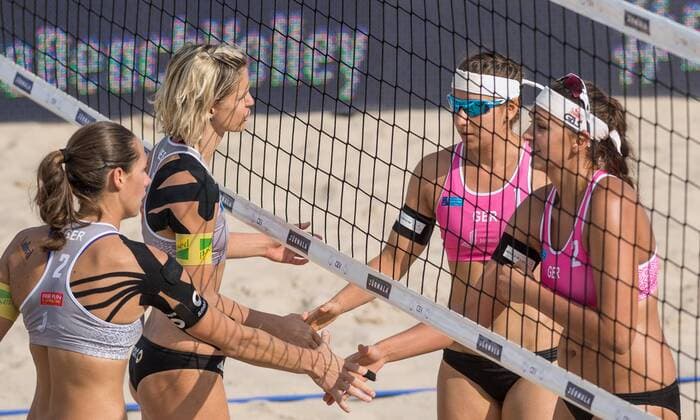 2017 CEV Beach volleyball Beachvolleyball European Championship EM Europameisterschaft Final Jurmala am 19.08.2017 Kira Walkenhorst, Laura Ludwig, Julia Gossner, Nadja Glenzke (GER); 2017 CEV Beach Volleyball European Championship Final Jurmala am 19.08.2017, Jurmala (Lettland). xPWx