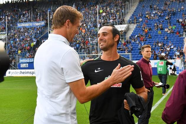 GER, 1. FBL, TSG 1899 Hoffenheim vs SV Werder Bremen 19.08.2017, wirsol-Rhein-Neckar-Arena, Sinsheim, GER, 1. FBL, TSG 1899 Hoffenheim vs SV Werder Bremen, im Bild Julian Nagelsmann (Trainer TSG Hoffenheim) und Alexander Nouri (Trainer, SV Werder Bremen) nordphotox xFabisch nordphoto00100