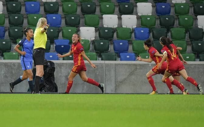 20th August 2017, Windsor Park, Belfast, Northern Ireland; Womens U19s European Championship EM Europameisterschaft Final; Spain versus France; Patricia Guijarro of Spain celebrates her goal which made it 1-1 xNigelxCookex  ActionPlus11919248