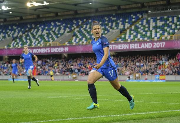 20th August 2017, Windsor Park, Belfast, Northern Ireland; Womens U19s European Championship EM Europameisterschaft Final; Spain versus France; Mathilde Bourdieu of France celebrates her goal which made it 1-0 in the third minute xNigelxCookex  ActionPlus11919253