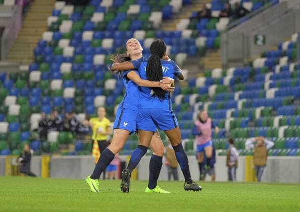 20th August 2017, Windsor Park, Belfast, Northern Ireland; Womens U19s European Championship EM Europameisterschaft Final; Spain versus France; Emelyne Laurent celebrates her goal with teammate Cindy Caputo of France xNigelxCookex  ActionPlus11919305